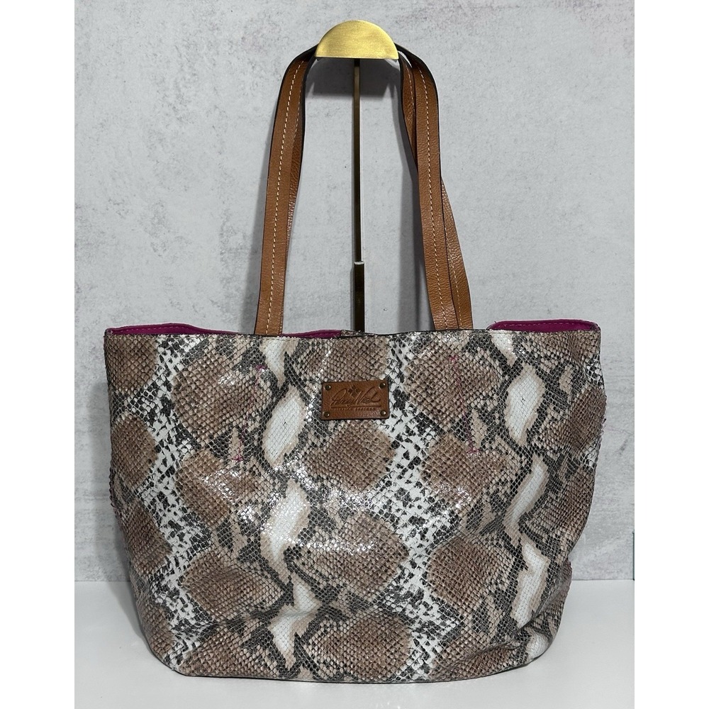Patricia Nash Shoulder Tote Bag Brown Cracked Italian Leather Python Snakeskin - Picture 6 of 9